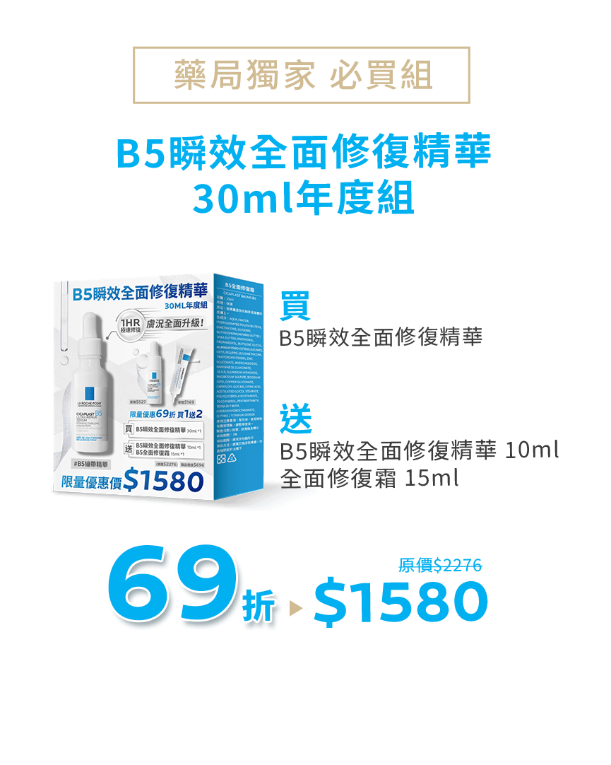 藥局獨家必買組，B5瞬效全面修復精華30ml年度組，買 B5瞬效全面修復精華，送 B5瞬效全面修復精華 10ml＆全面修復霜 15ml，原價$2276，69折$1589