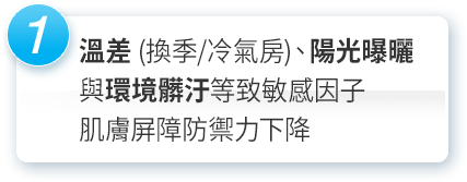 溫差 (換季/冷氣房)、陽光曝曬與環境髒汙等致敏感因子，肌膚屏障防禦力下降